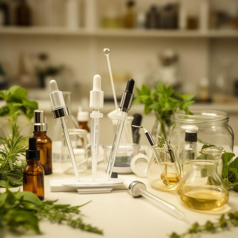 Small cosmetics formulation workshop with notes, pipettes and botanical jars on a studio table in Zurich