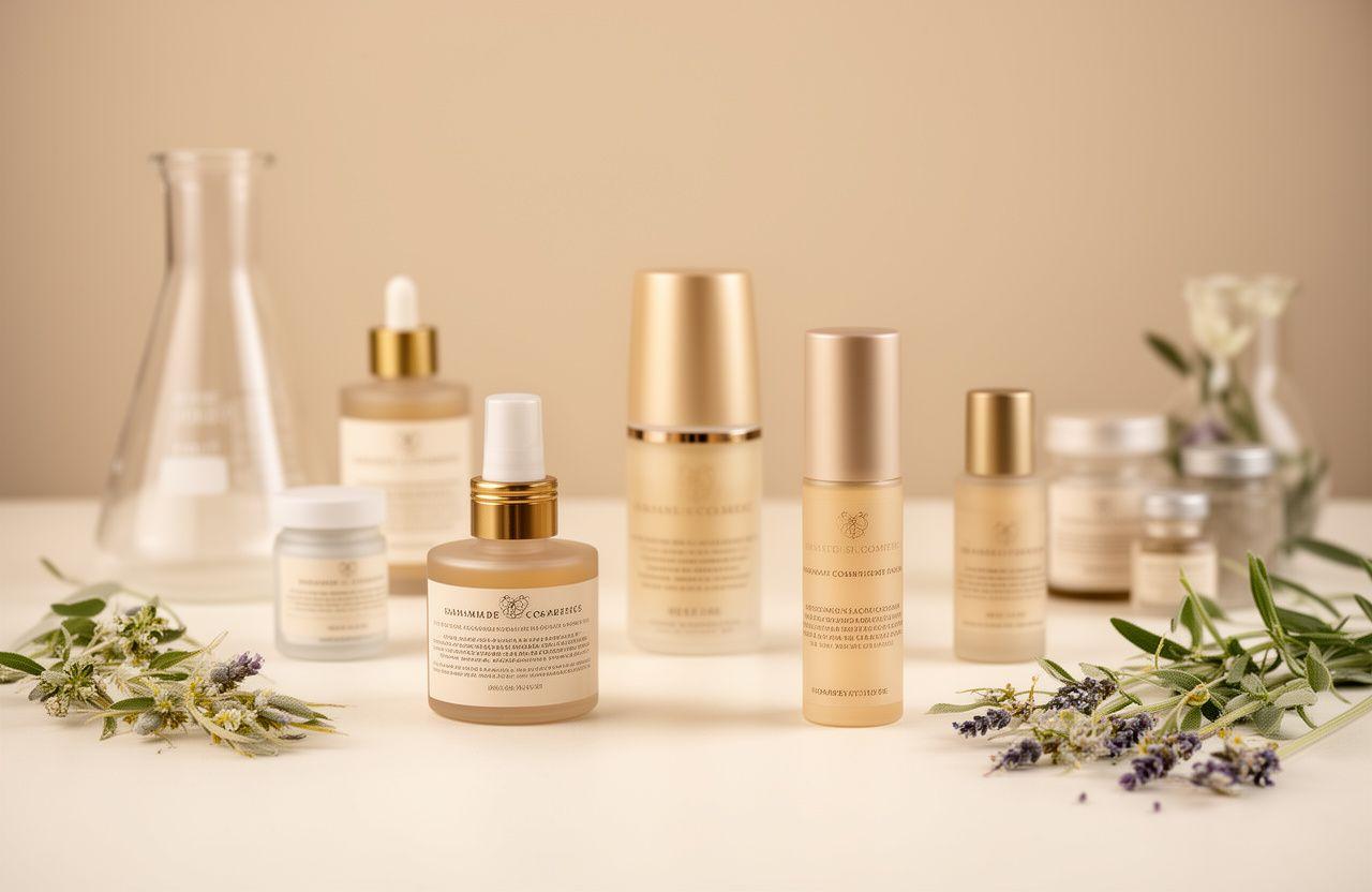 Elegant arranged handmade cosmetics and workshop materials on a light studio table in Zurich