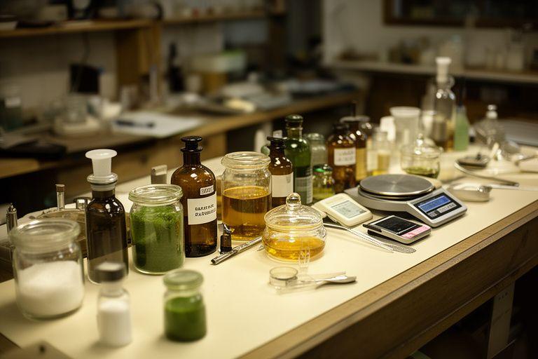 Werkstatt mit sorgfältig arrangierten Kosmetikrohstoffen, Waagen und Glasbehältern