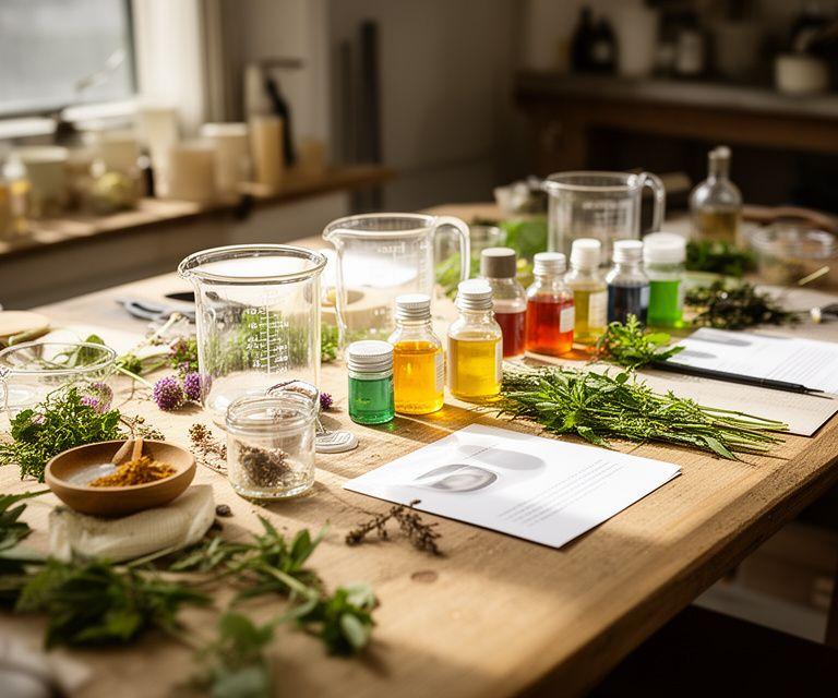Workshop-Tisch mit Naturkosmetik-Materialien, Messbechern, Pflanzenextrakten und handbeschrifteten Rezeptkarten in Zürich