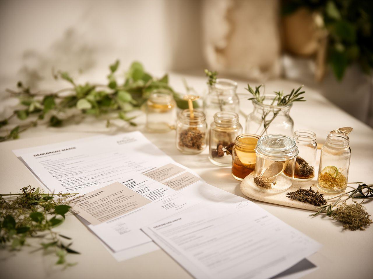 Artisan cosmetic documents arranged beside glass jars and botanical ingredients in a calm Zürich studio