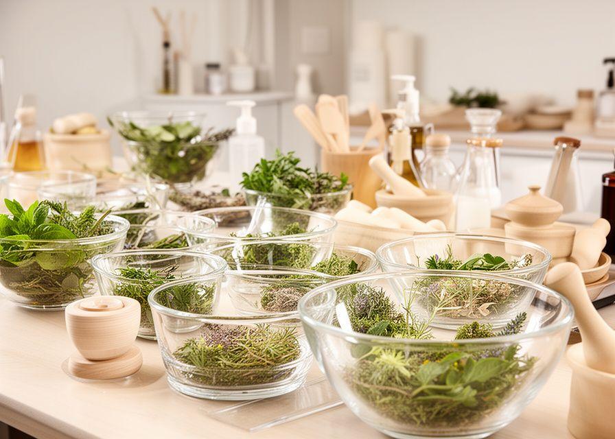 Cosmetics workshop setup with glass bowls, botanicals and handwritten labels in a Zurich studio
