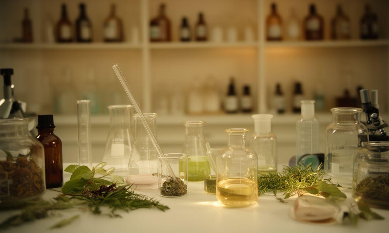 Laborative cosmetic formulation workspace with glass beakers, botanicals and softly lit shelves in Zurich