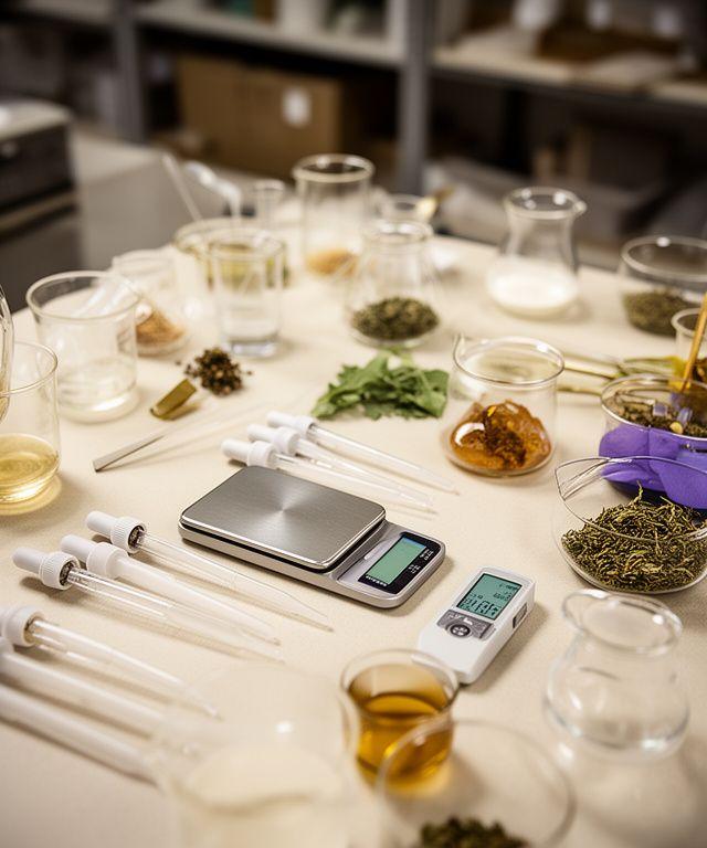 Tisch mit natürlichen Rohstoffen, Waagen, Pipetten und Gläsern im Produktionsraum der Zürcher Manufaktur